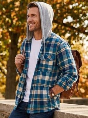 Cozy EXP Blue Plaid Snap-Front Hooded Flannel Shirt Jacket - Men's Size Large